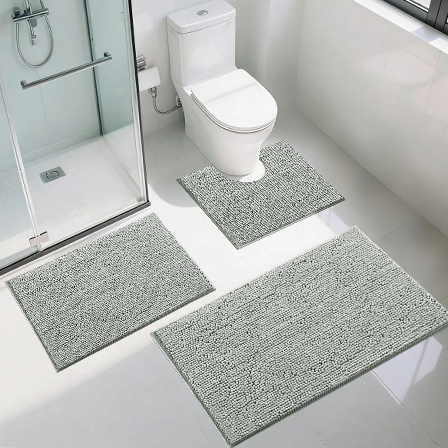 Non Slip Chenille Bath Mat Soft & Anti Mould Bath Mats Water Absorbent Quick Drying Bathroom Carpet U-Shaped Toilet Mat Peaceful Pleasures Health and Wellness Light Grey 3PCS