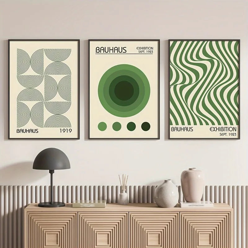 3pcs Bauhaus Geometric Wall Art Prints, Minimalist Modern Posters, Mid-Century Artwork Unframed Canvas Art Set for Living Room Peaceful Pleasures Health and Wellness