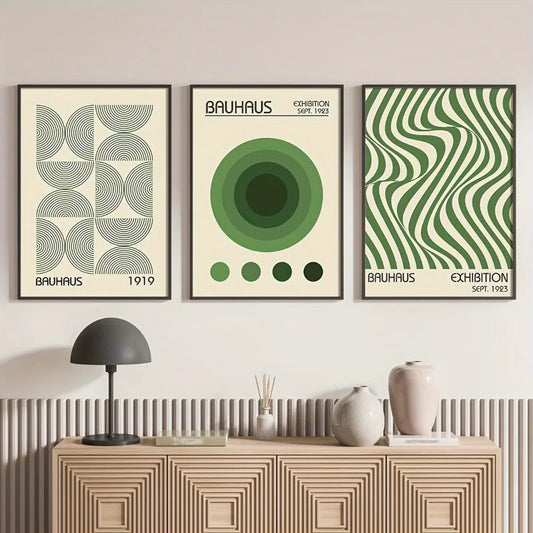 3pcs Bauhaus Geometric Wall Art Prints, Minimalist Modern Posters, Mid-Century Artwork Unframed Canvas Art Set for Living Room Peaceful Pleasures Health and Wellness