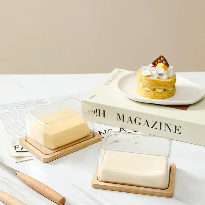 Countertop Bamboo Butter Dish Plate with Transparent Acrylic Lid Nordic Kitchen Storage Butter Container Box Butter Tableware Peaceful Pleasures Health and Wellness