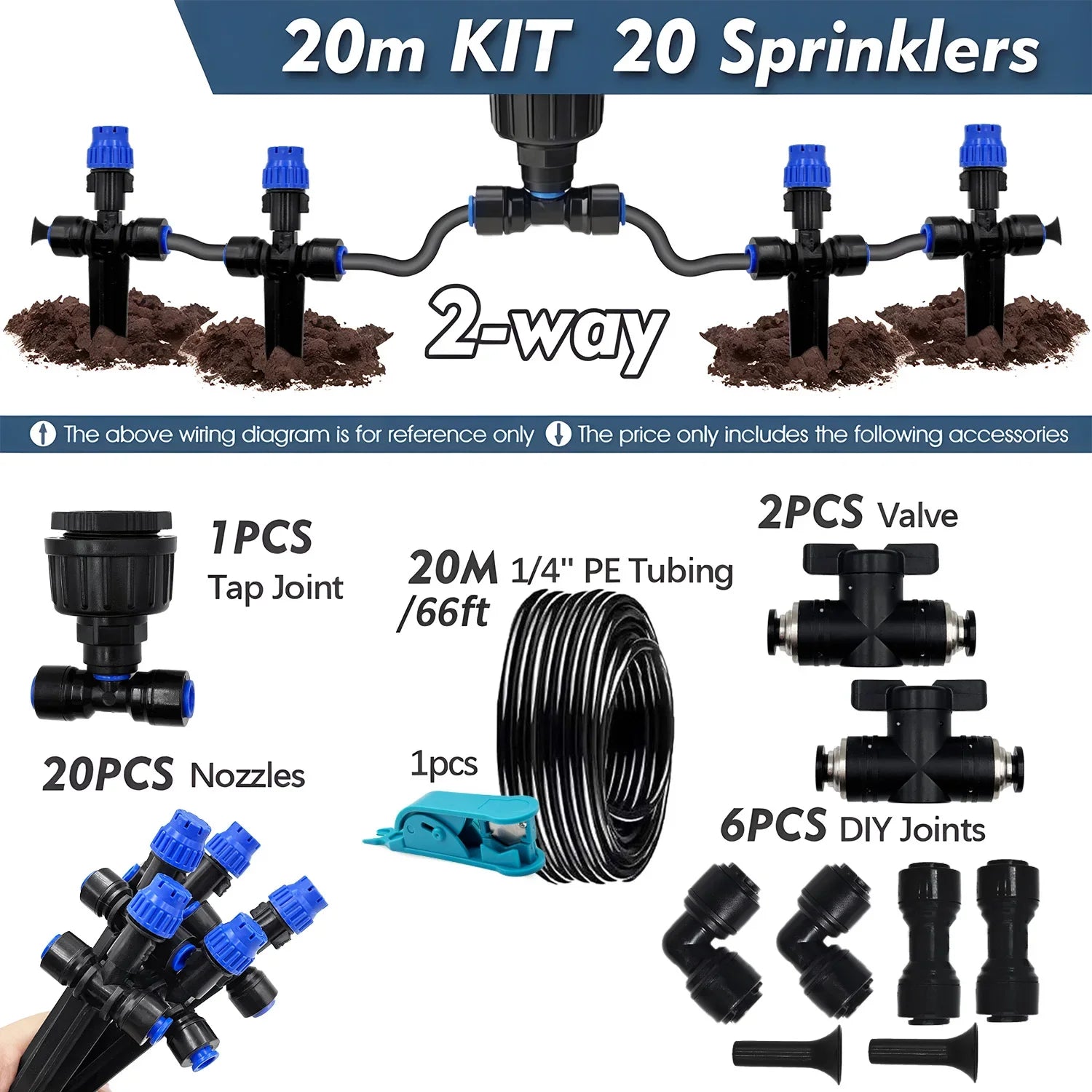 Garden Irrigation Watering Kit 6mm Quick Push Slip Lock 1/4" Outdoor Drip Sprayer 8-hole Dripper with Stake Adjustable Sprinkler Peaceful Pleasures Health and Wellness 20m Kit