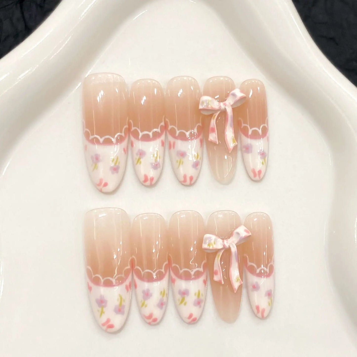 10pcs Handmade Press on Nails with 3d Purple Tulip Flower Fake Nails Wearable Full Cover Long Oval French Bow False Nail Tips Peaceful Pleasures Health and Wellness L