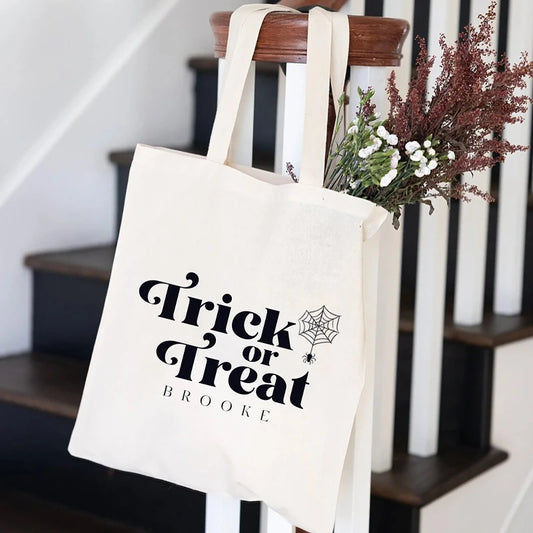 Personalized Halloween Trick or Treat Canvas Tote Bag | Spider Web Personalized Tote Bag Peaceful Pleasures Health and Wellness