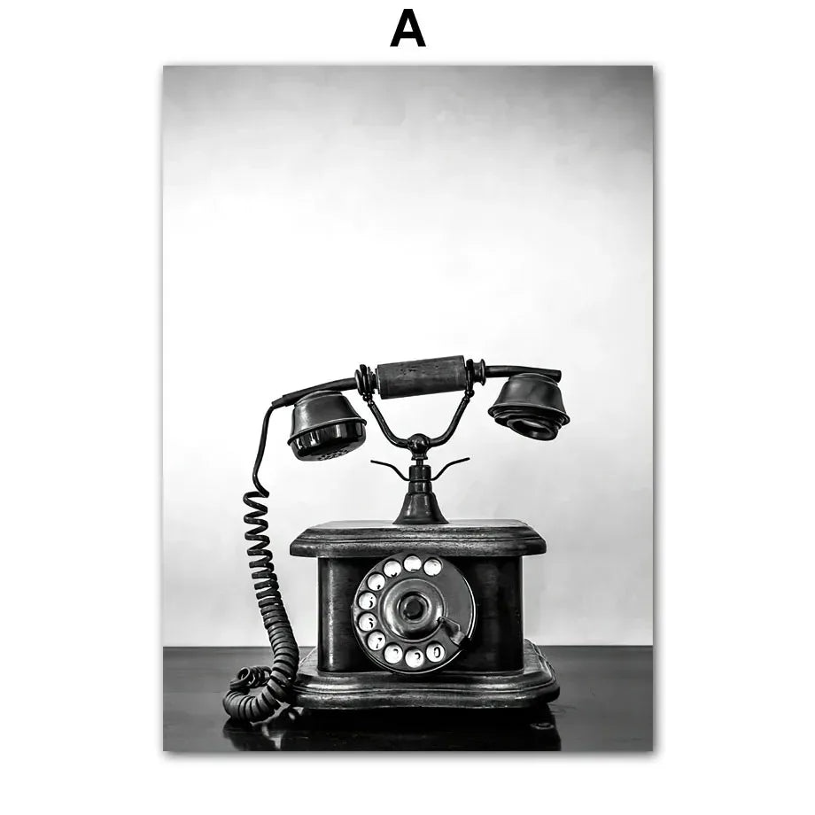 Black & White Retro Canvas Wall Art | Camera Gramophone Print