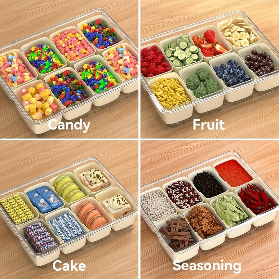 Snackle Box Container with Cutlery Organizer – Divided Serving Tray with Lid, Handle, Fruit Forks & Spoons