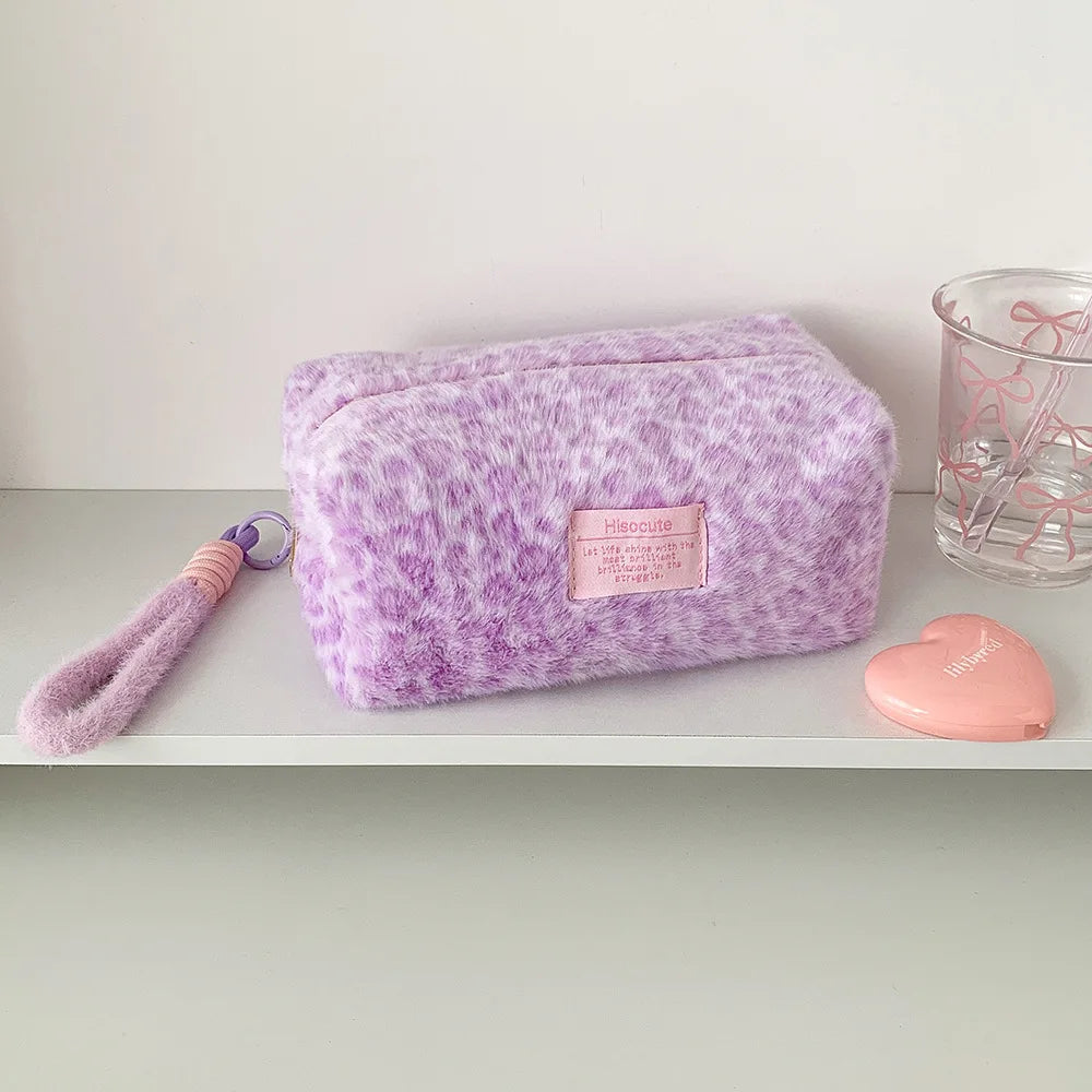 Plush Leopard Print Makeup Bag Student Portable Stationery Pencil