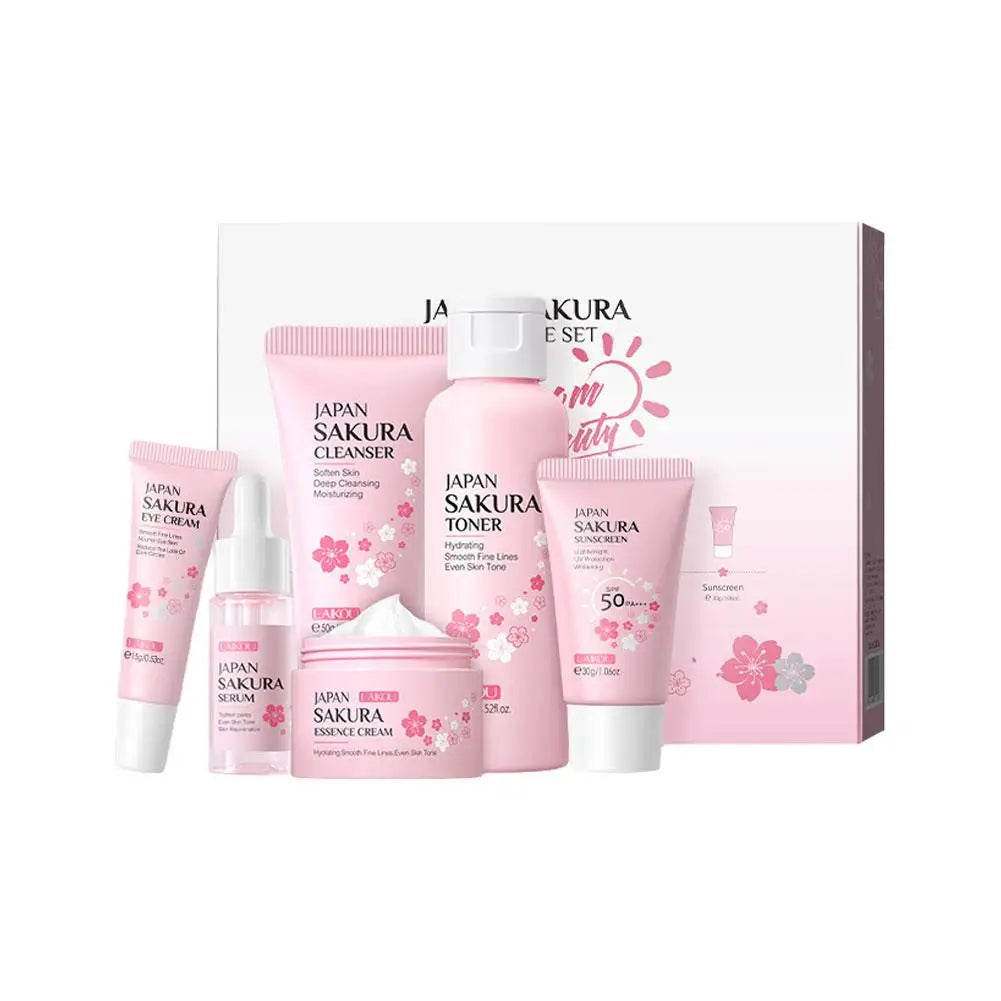 Sakura 6-Piece Skin Care Set – Cleanser, Toner, Serum, Eye Cream, Moisturizer & Sunscreen Peaceful Pleasures Health and Wellness 6pcs