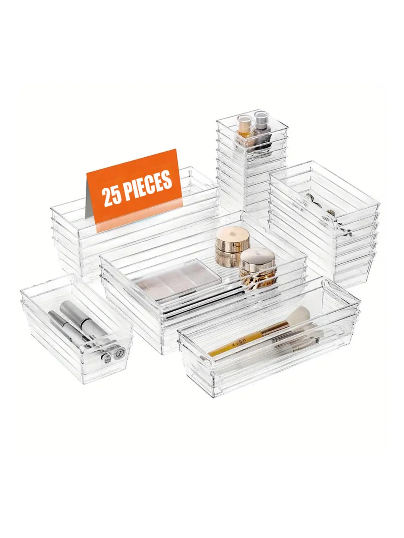 25pc Transparent Drawer Organizer & Divider Storage Box Set Peaceful Pleasures Health and Wellness