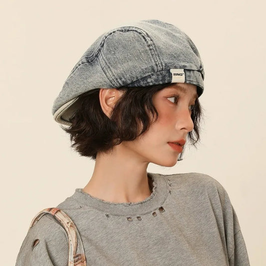Women's Retro Washed Denim Beret | Cotton Forward Hat Women's Denim Beret Peaceful Pleasures Health and Wellness
