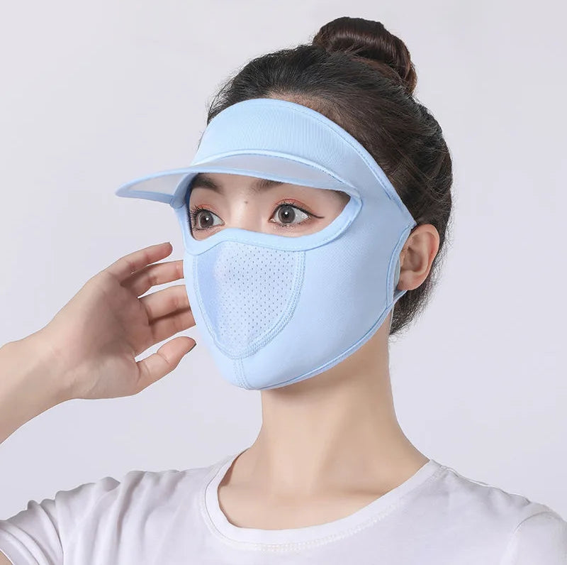 Ice Silk Mask for Outdoor Cycling UV Protection Breathable Face Cover with Brim Quick-drying Hanging Ear Headband Hat Mask Peaceful Pleasures Health and Wellness blue