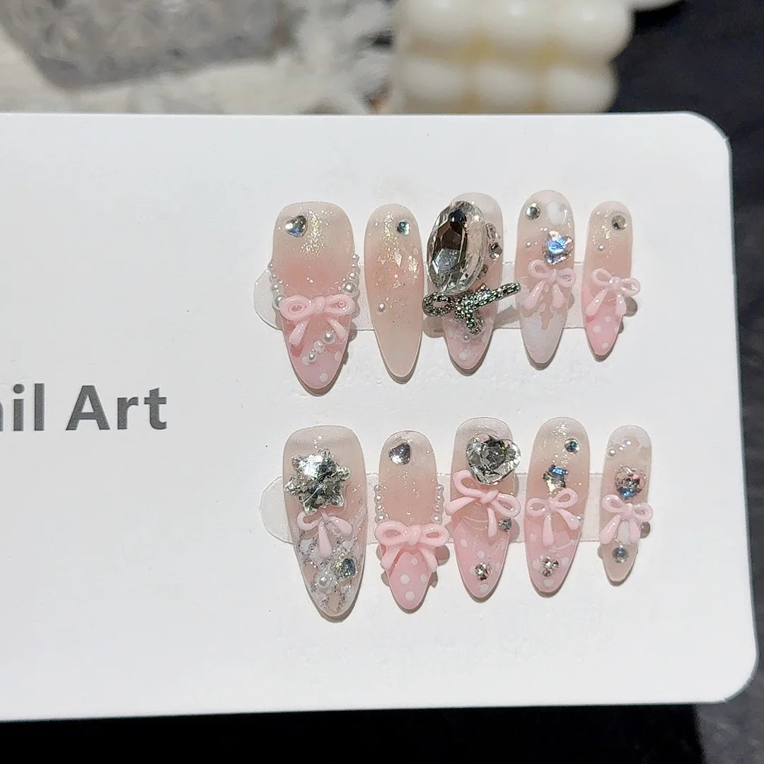 10pcs French Press-On Nails – Pink Bow & Pearl Design
