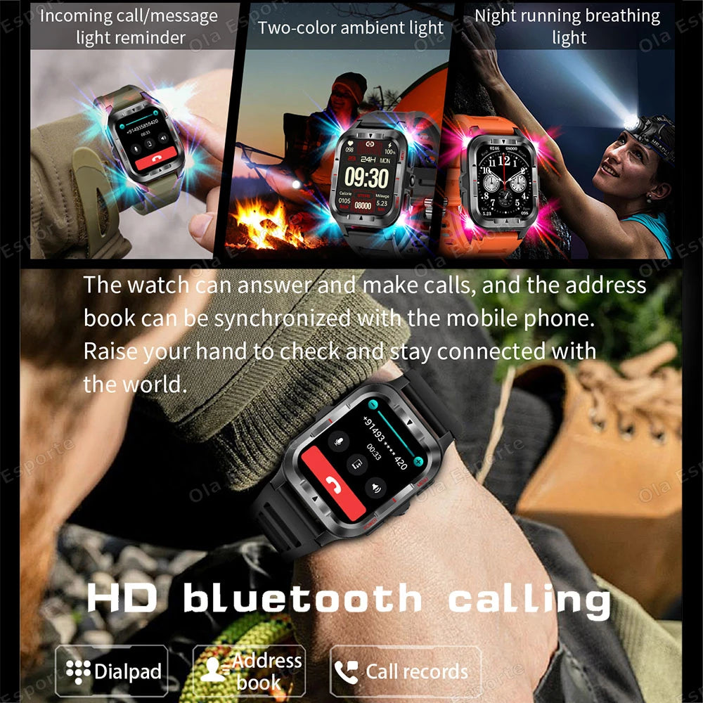 Military Sports Smartwatch 1.83" HD LED Flashlight 3ATM Bluetooth
