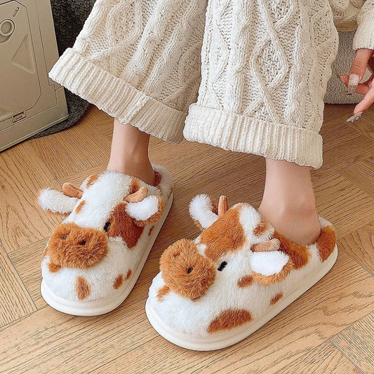 Women's Fluffy Cow Slippers | Cute Plush Winter House Shoes Plush House Slippers Peaceful Pleasures Health and Wellness