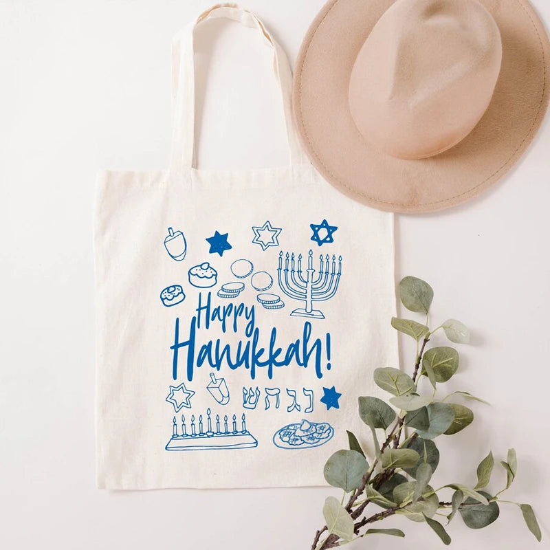 Happy Hanukkah Canvas Tote Bag | Reusable Jewish Holiday Gift Holiday Canvas Tote Bag Peaceful Pleasures Health and Wellness