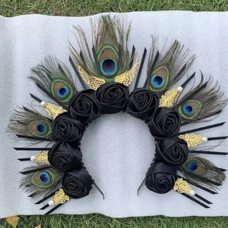 Peacock Feather Gold Halo Crown Sun Headband Hallowee Cosplay Festival Bridal Wedding Maternity Photoshoot Goddess Headpiece Peaceful Pleasures Health and Wellness