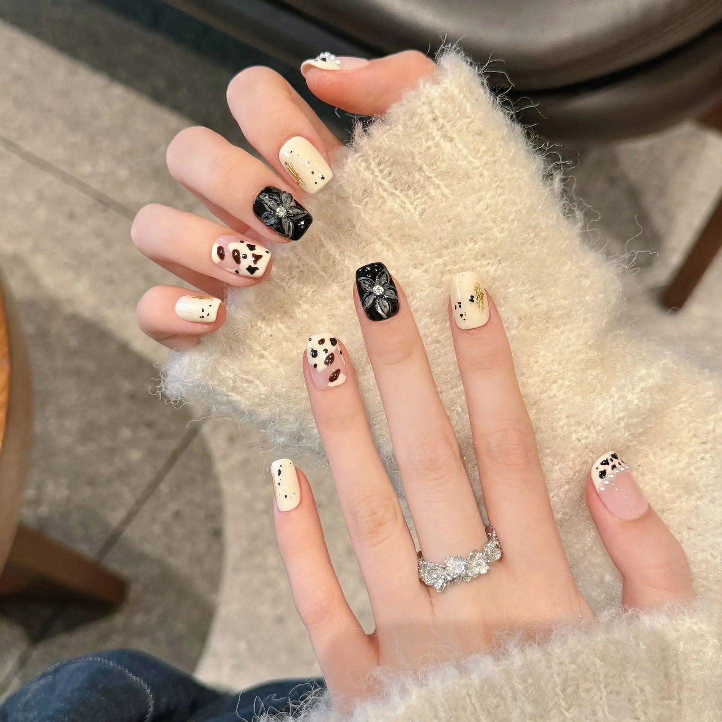 Handmade Press-On Nails | Short French Cow & Flower Print