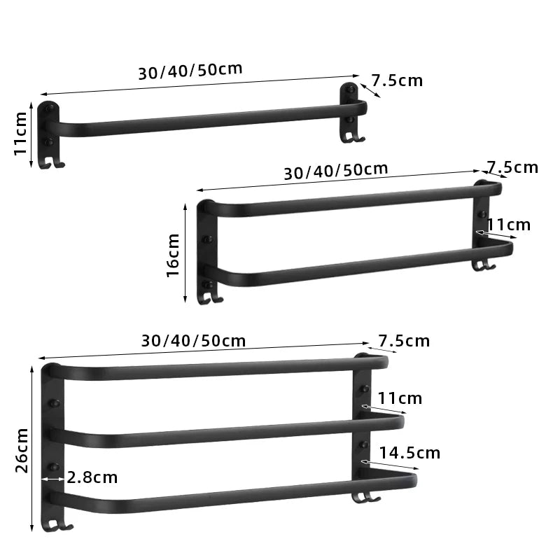 Matte Black Double Towel Bar Wall Mounted Aluminum Rack 30–50cm