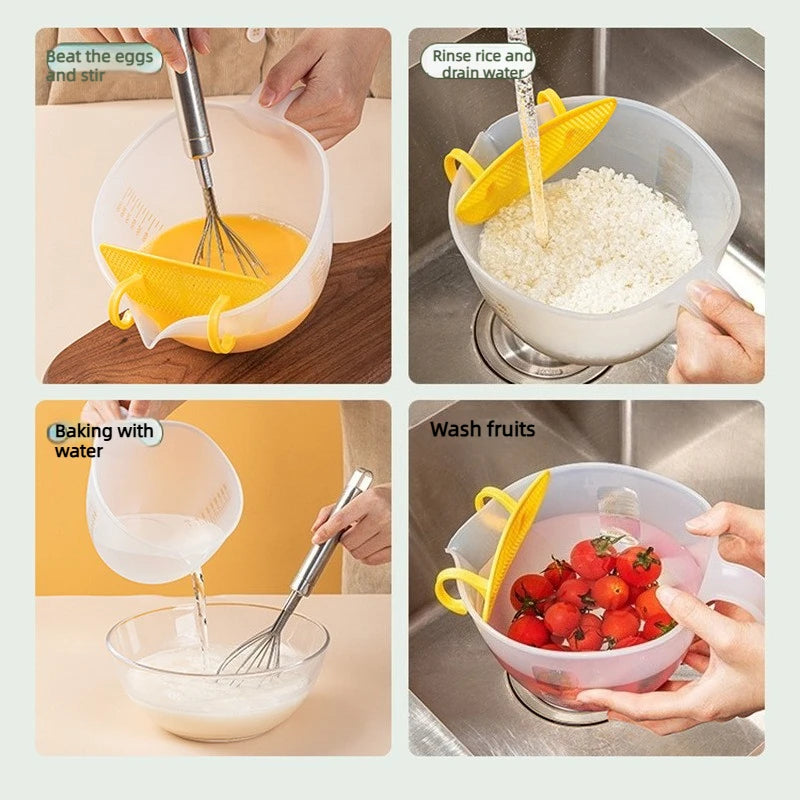 Food Grade Egg Liquid Filter Measuring Cup with Graduated and Diversion Port Egg Beater Cup for Rice Washing and Fruit Cleaning Peaceful Pleasures Health and Wellness