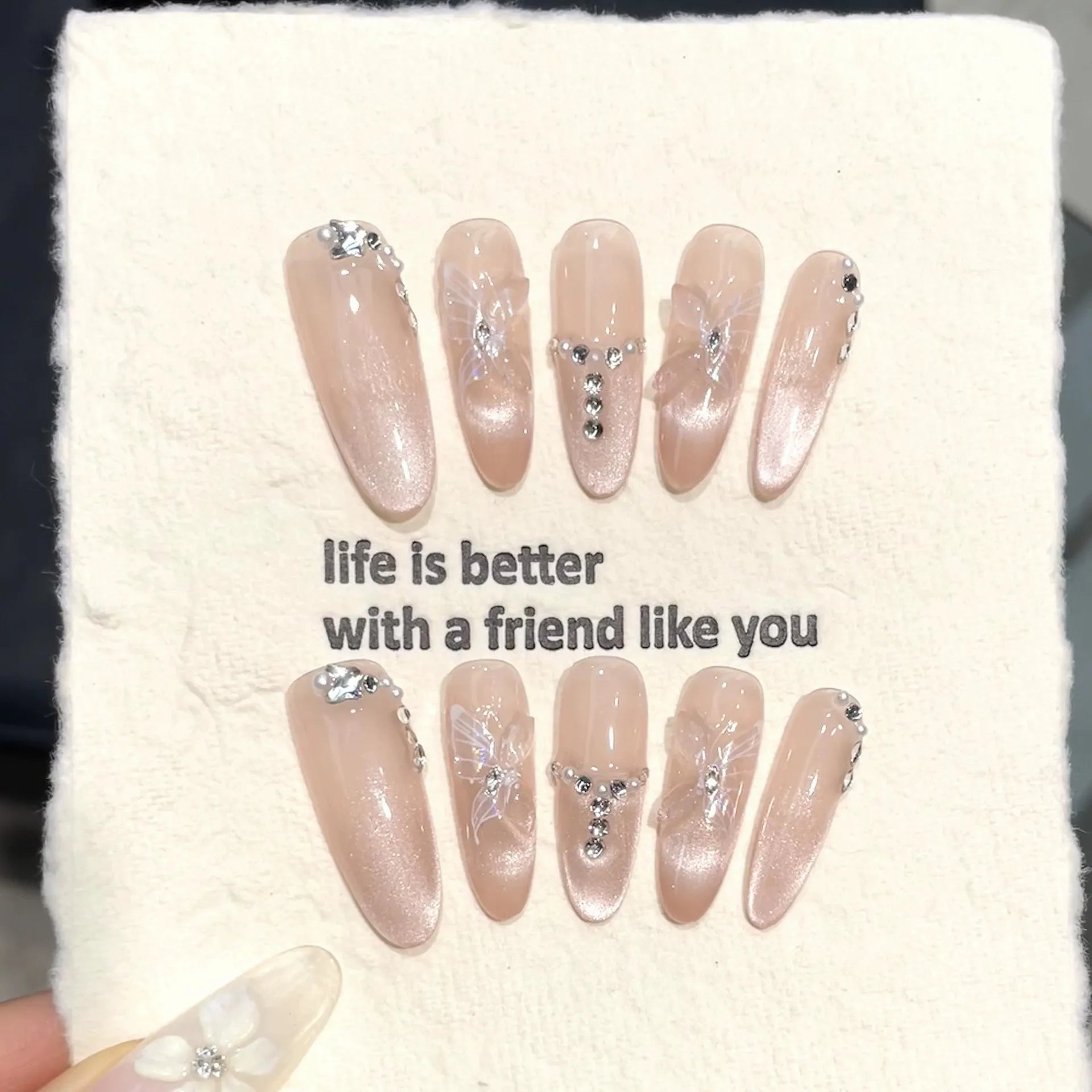 10pcs Handmade Press on Nails Gradient Cat's Eye Almond Fake Nail Tips Wearable 3D Bow Glitter Diamond Nail Art Long False Nails Peaceful Pleasures Health and Wellness