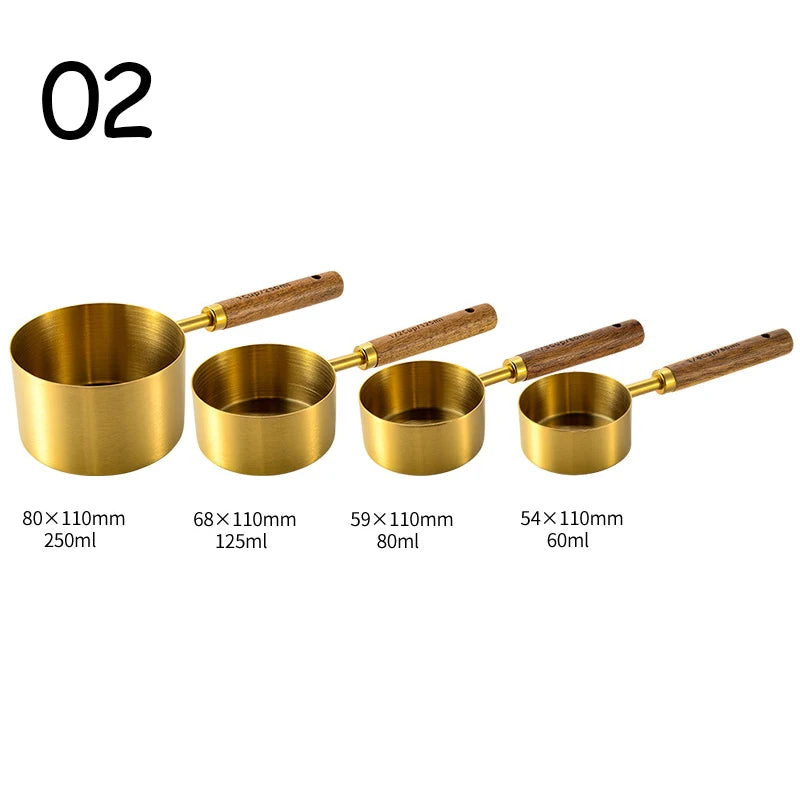 4-Piece Stainless Steel Measuring Cup Set with Walnut Wooden Handles | Gold, Rose Gold & Silver