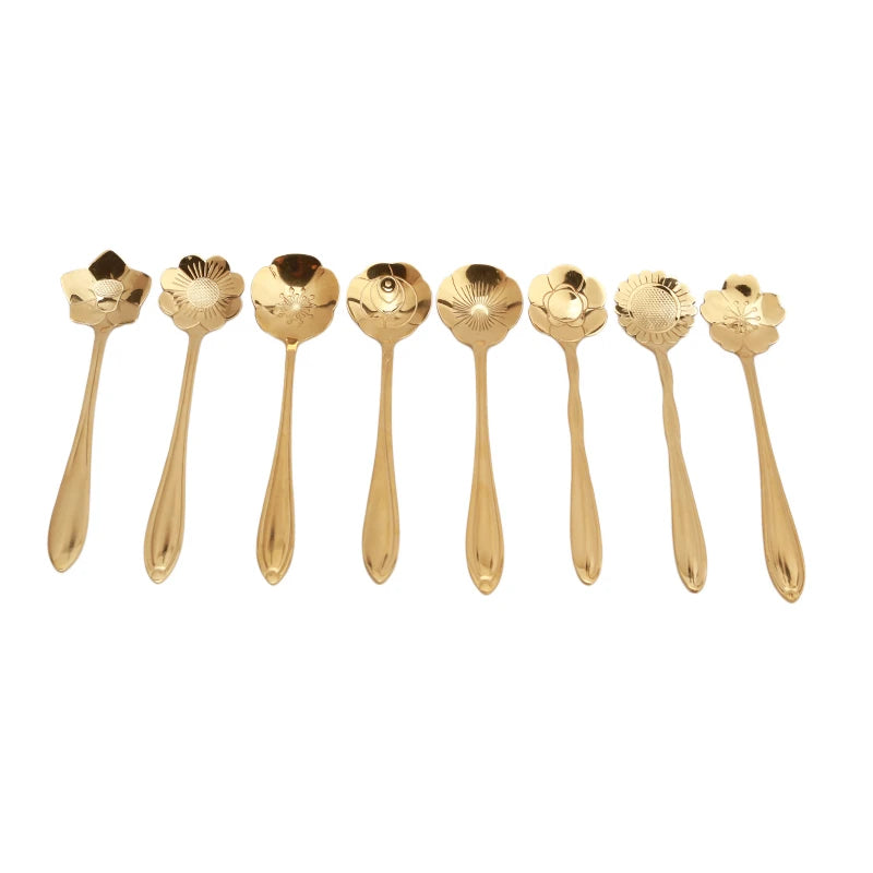 8Pcs/Set Flowers Design Gold Spoon Long Handle Dessert Tea Coffee Mixing Spoon Stainless Steel Vintage Teaspoons Drink Tableware Peaceful Pleasures Health and Wellness