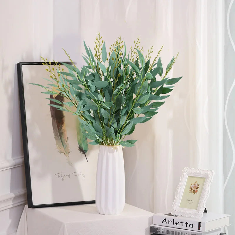 Silk Artificial Willow Bouquet | Fake Green Leaves for Home & Wedding