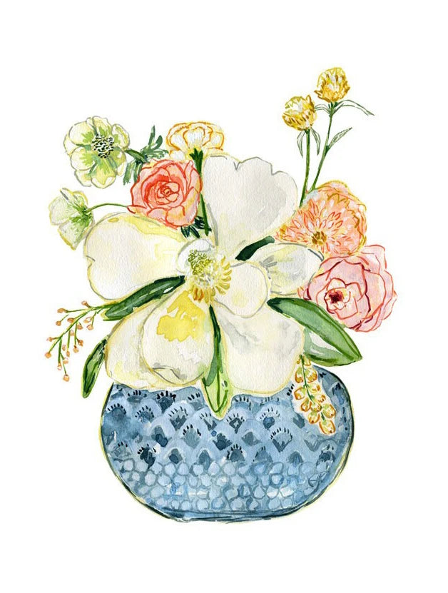 Watercolor Blue & White Vase Floral Canvas Wall Art | Unframed Canvas Wall Art Peaceful Pleasures Health and Wellness