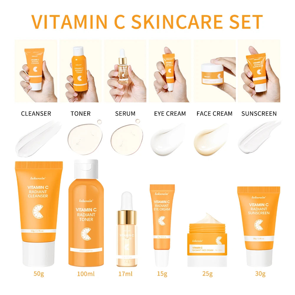 6pcs/set Vitamin C Skin Care Set Deep Cleansing Facial Cleanser Face Cream Moisturizing Anti Wrinkles Face Care Kit Gift Box Peaceful Pleasures Health and Wellness