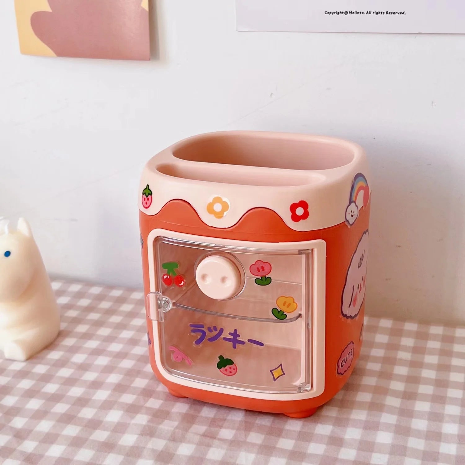 1PC Kawaii Pig Pen Pencil Pot Holder Brush Storage Container Desk Organizer Multifunction washi tape Stationery Office Supplies Peaceful Pleasures Health and Wellness Orange-With Stickers