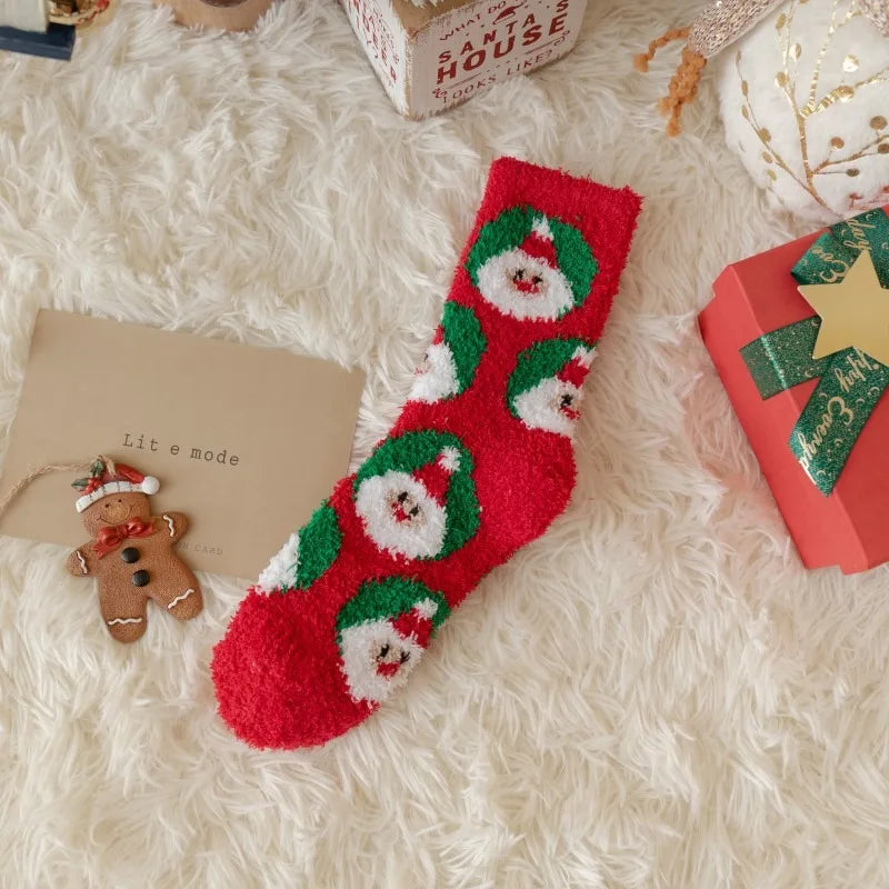 1 Pair of Coral Fleece Christmas Socks, Cute Elk Snowman Gift Socks, And Plush Mid Tube Men's And Women's Floor Sleeping Socks Peaceful Pleasures Health and Wellness LIGHT BLUE One Size