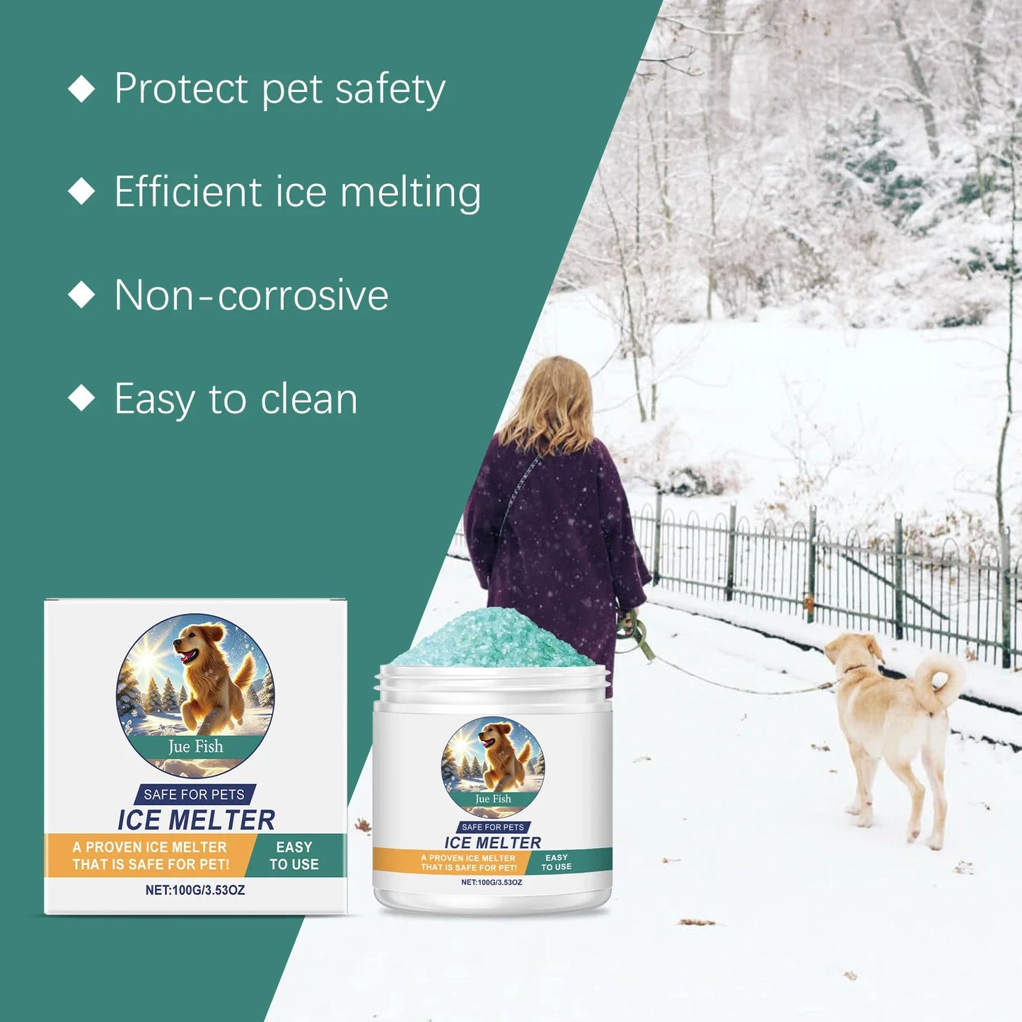 Jue-Fish Pet-Safe Ice Melt – Safe for Concrete & Paw Pads