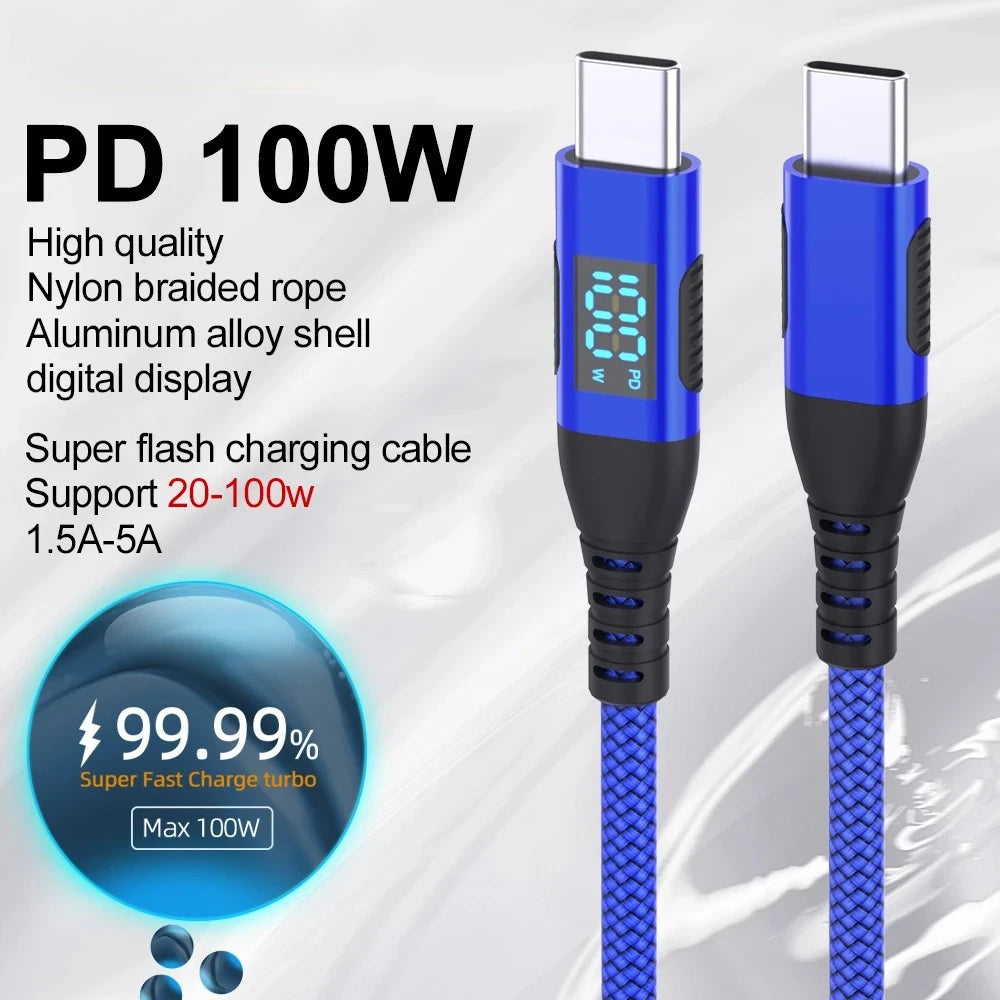 100W USB-C Fast Charging Cable with LED Display | 1M 2M 3M Peaceful Pleasures Health and Wellness