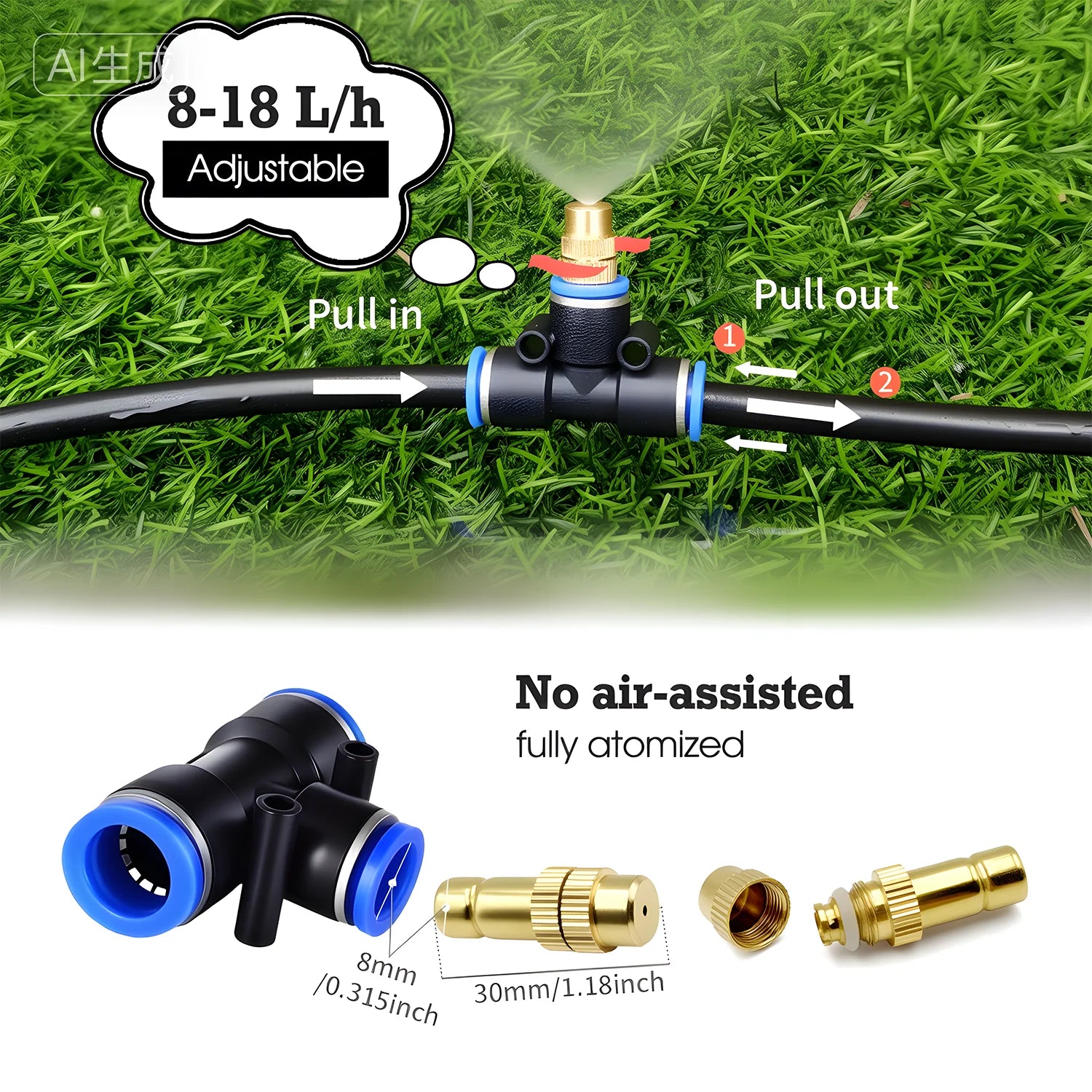 Brass Misting Nozzle with Tee Adapter Adjustable Atomizer Sprayer Outdoor Garden Irrigation Watering 6/8/10/12/14/16mm PE Tubing Peaceful Pleasures Health and Wellness