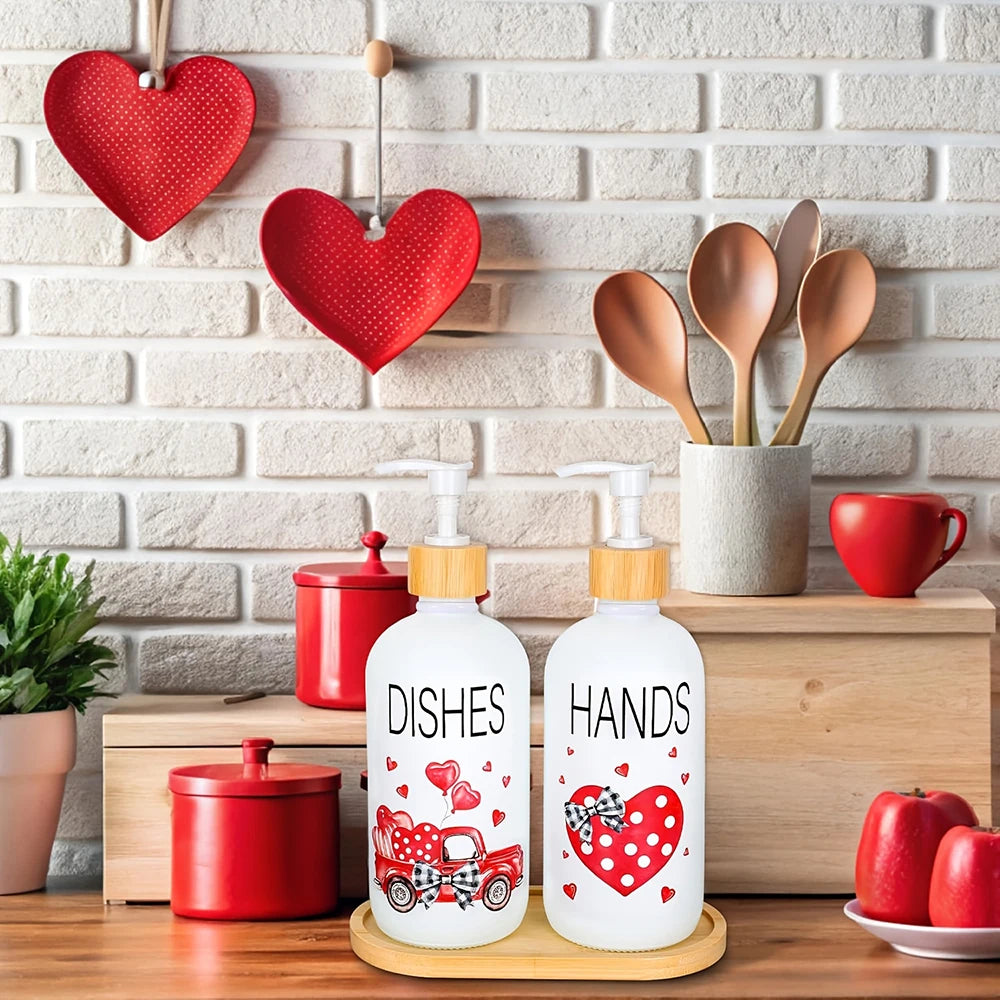 Watercolor Red Heart Truck Soap Dispenser with Tray – Refillable Pump Liquid Soap Container, Mother’s Day Gift Peaceful Pleasures Health and Wellness