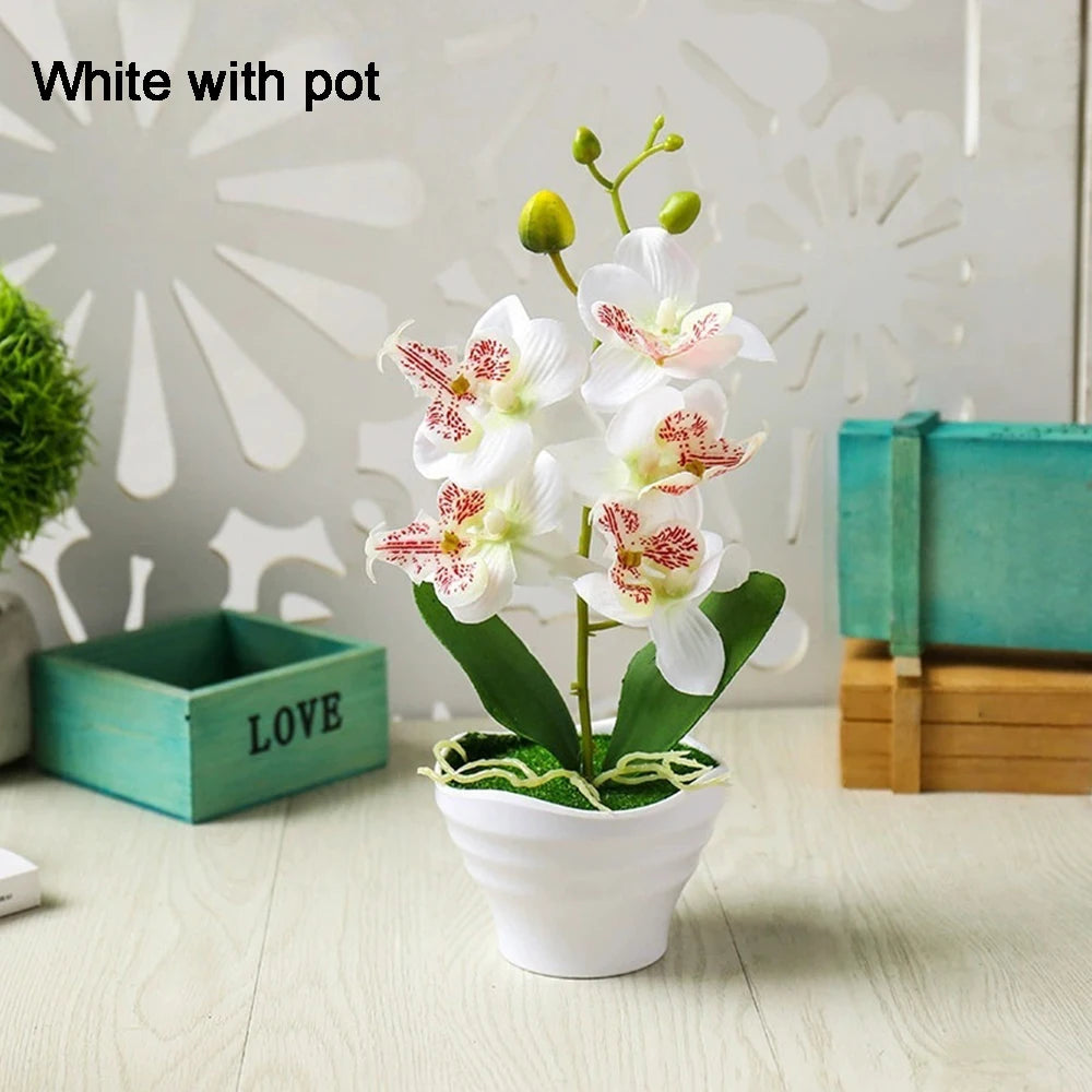 White Artificial Orchid with Vase | Silk Faux Flower Home Decor