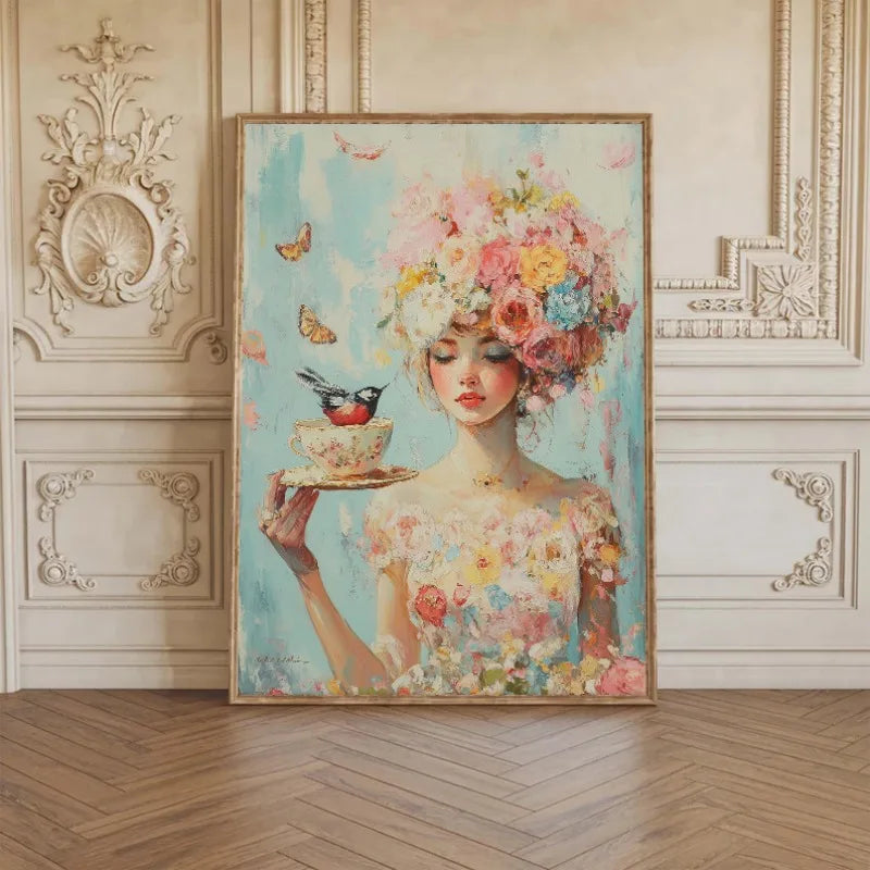 Boho Floral Bird Girl Portrait Canvas Wall Art | Nordic Print