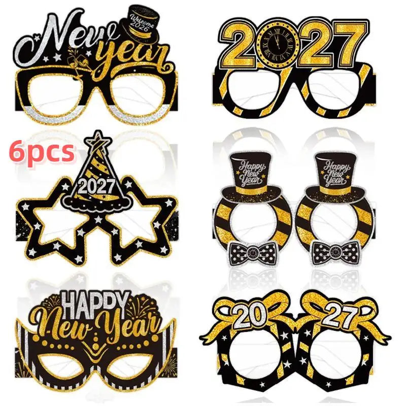 2027 New Year Party Paper Glasses 6pcs Black Gold Glitter