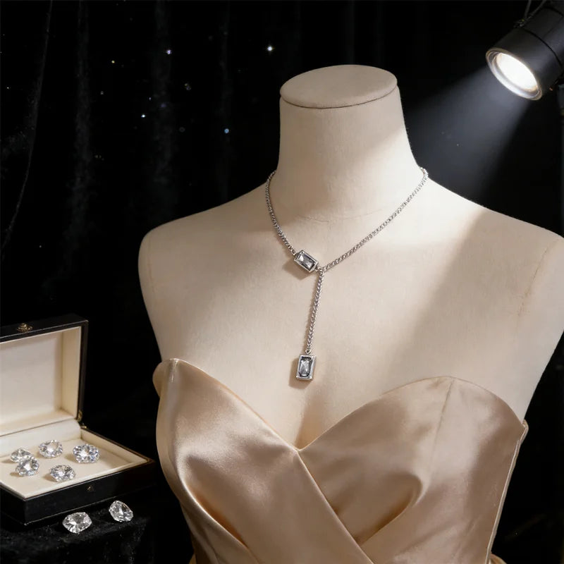 Y-Shape Layering Necklace | Black Square Rhinestone Pendant