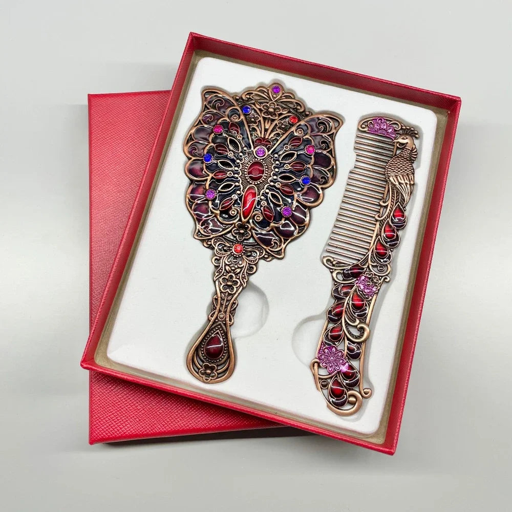 Creative Retro Peacock Open Screen Small Mirror Handle Metal Makeup Mirror Portable Mirror Comb Set Holiday Gift Makeup Mirror Peaceful Pleasures Health and Wellness