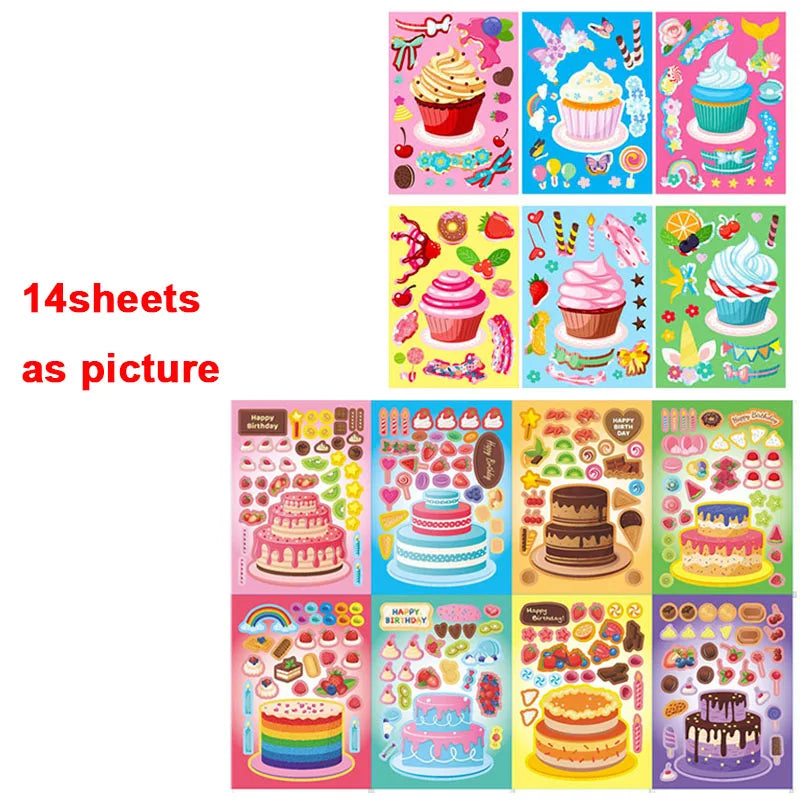 Puzzle Assemble Birthday Cake Stickers Sheets Kids Children Party