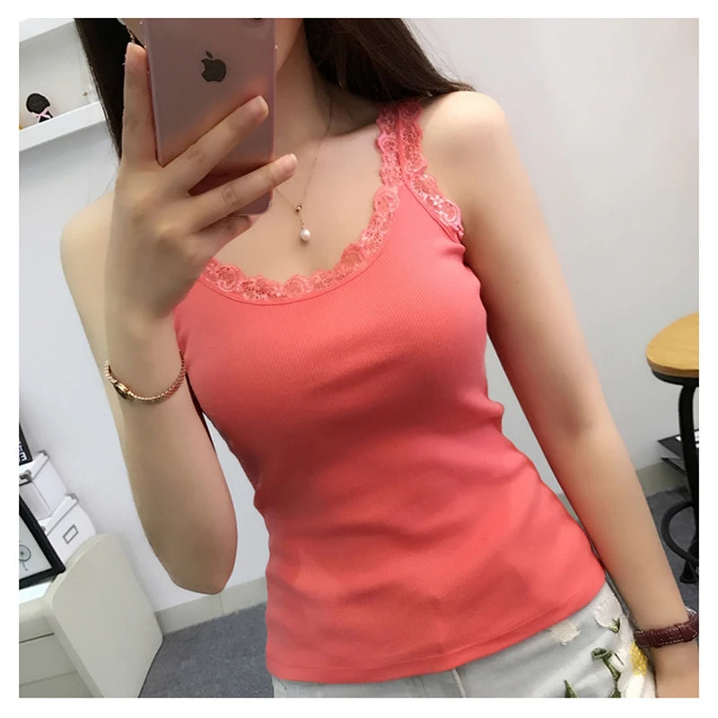 Tank Tops Women Summer O-neck Solid Color Female U-shaped Low Cut Lace Suspender Vest 2024 New Sleeveless Camisole For Ladies Peaceful Pleasures Health and Wellness Watermelon Red One Size