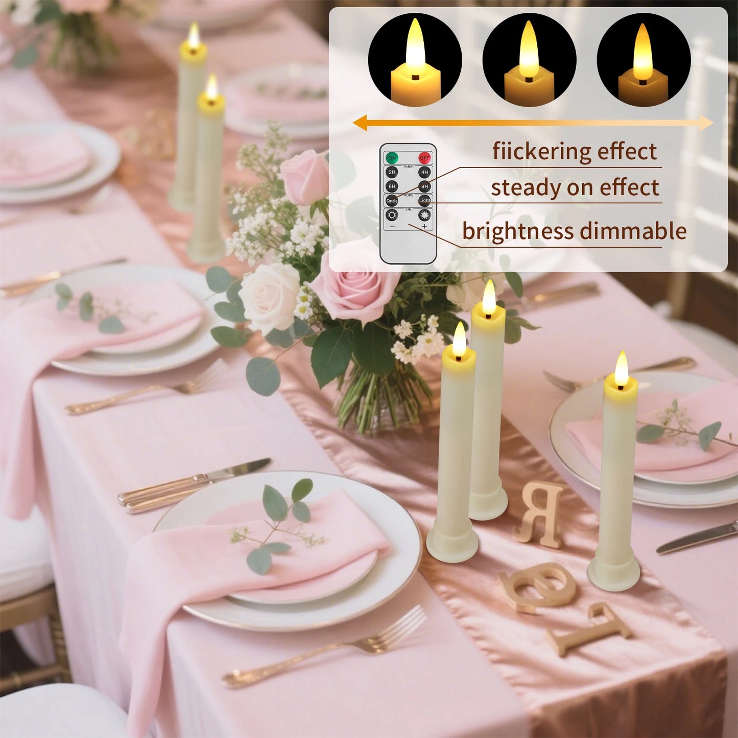 6Pc White/Ivory Flameless Taper Candles with Remote Timer Battery Operated Flickering LED Candle With Base for Indoor Home Decor Peaceful Pleasures Health and Wellness