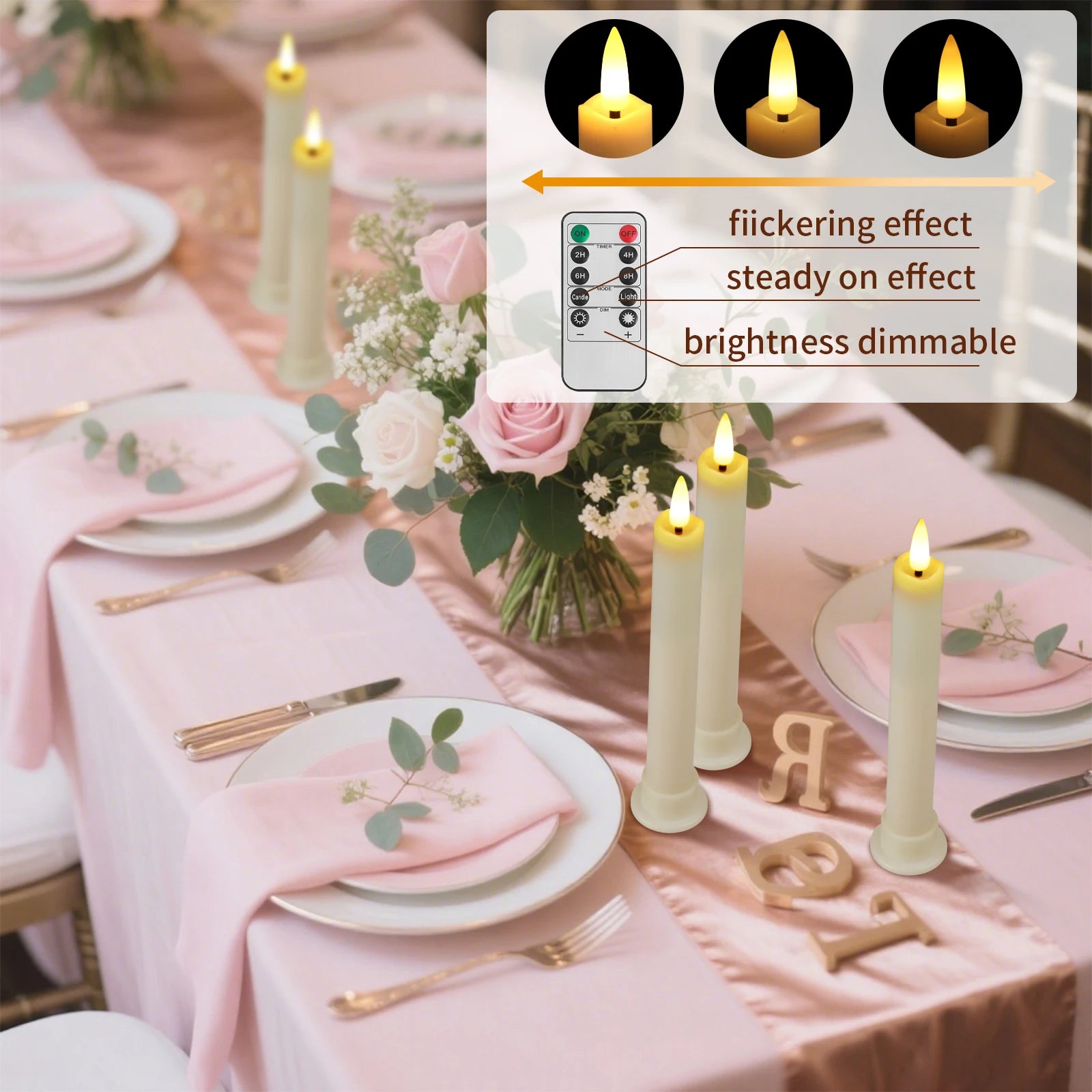 6Pc White/Ivory Flameless Taper Candles with Remote Timer Battery Operated Flickering LED Candle With Base for Indoor Home Decor Peaceful Pleasures Health and Wellness