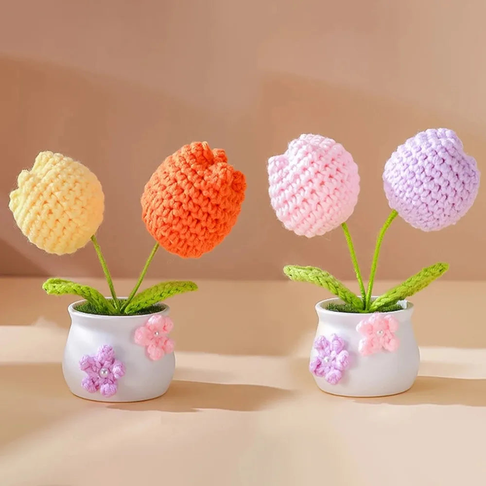 Mini Handmade Crochet Flowers Sunflower Tuilp Flowers Birthday Gift Knitted Flower Pot Decor Desktop Woven Graduation Gift Peaceful Pleasures Health and Wellness