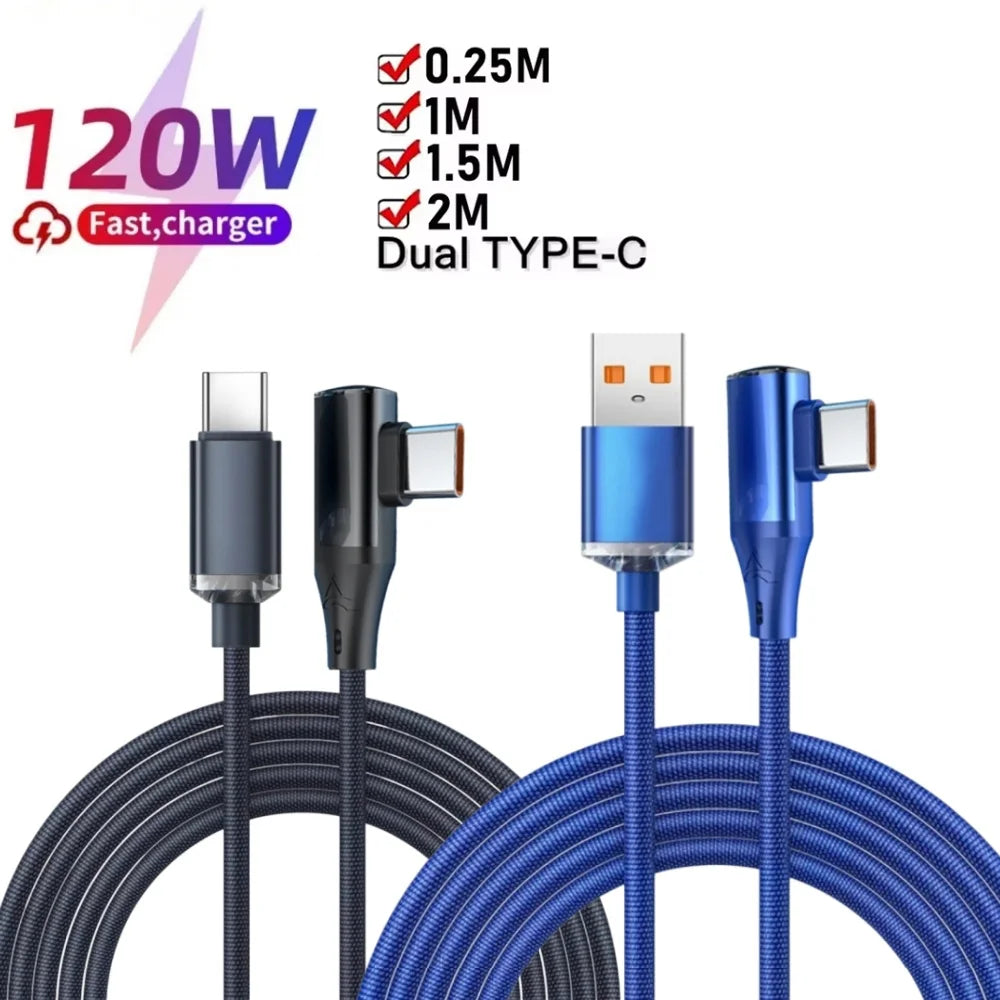 120W 6A Right Angle Type C Cable PD Fast Charging Nylon Braided 480Mbps Data Cord USB-A/C to C For Samsung Xiaomi Huawei Gaming Peaceful Pleasures Health and Wellness
