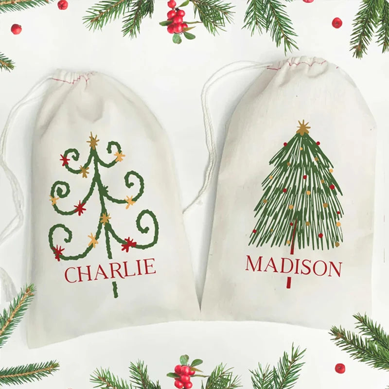 3-Pack Personalized Christmas Tree Drawstring Gift Bags for Kids Holiday Gift Bags Peaceful Pleasures Health and Wellness