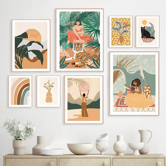 Colorful Fashion Girl Tiger Rainbow Leaves Wall Art Canvas Print Painting Abstract Poster Pictures for Living Room Home Deco Peaceful Pleasures Health and Wellness