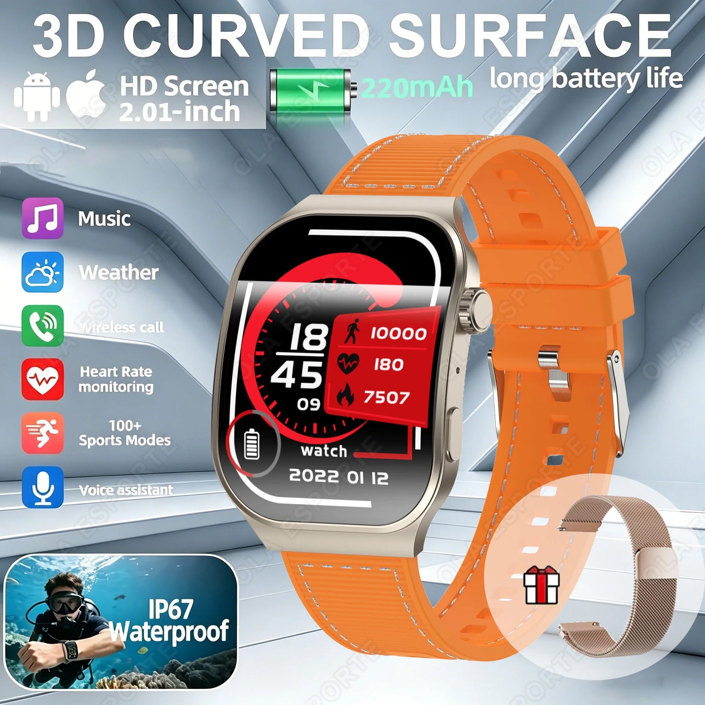 Ola Esporte Bluetooth Smart Watch Men 2.01" HD | Android iOS