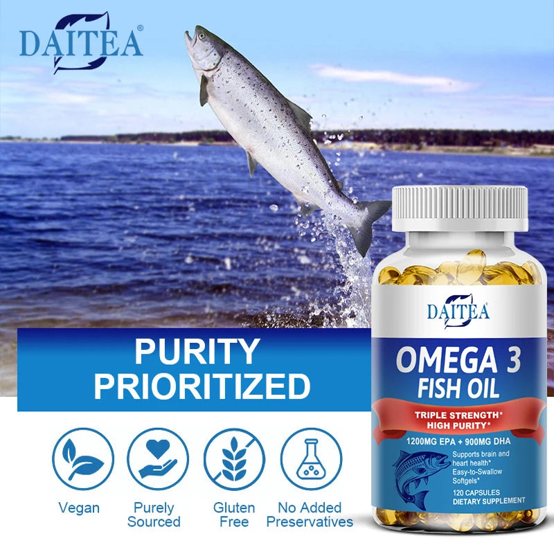 Daitea Triple Strength Omega 3 Fish Oil - Fish Oil Supplement with EPA & DHA Fatty Acids Premium Wild Caught, 30/60/120 Capsules Peaceful Pleasures Health and Wellness