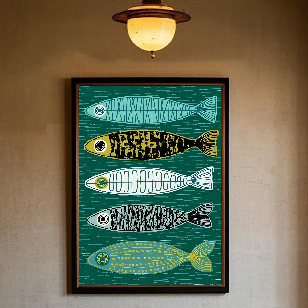 Colorful Sardines & Lobsters Canvas Wall Art | Ocean Fish Print